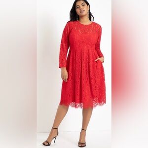 Eloquii Red A-Line Midi Dress with Bishop Sleeves